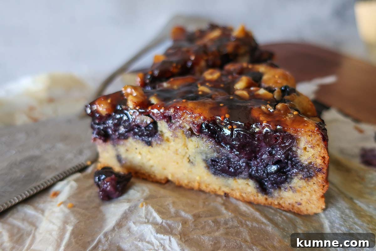 20+ Gluten-Free Blueberry Recipes for Delightful Desserts and Snacks 16 Close-up of a slice of cornmeal cake on a dessert plate, studded with juicy blueberries and topped with a glossy, buttery fruit glaze