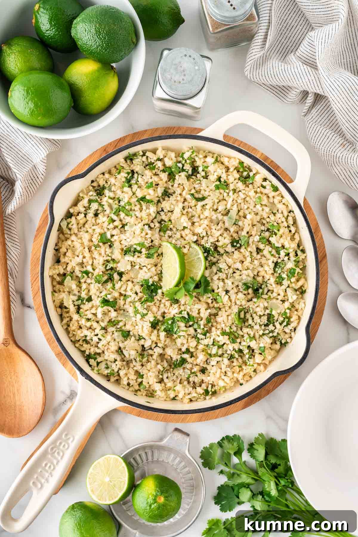 Cilantro Lime Cauliflower Rice Recipe — Zesty Low-Carb Side 2 cilantro lime cauliflower rice in a skillet