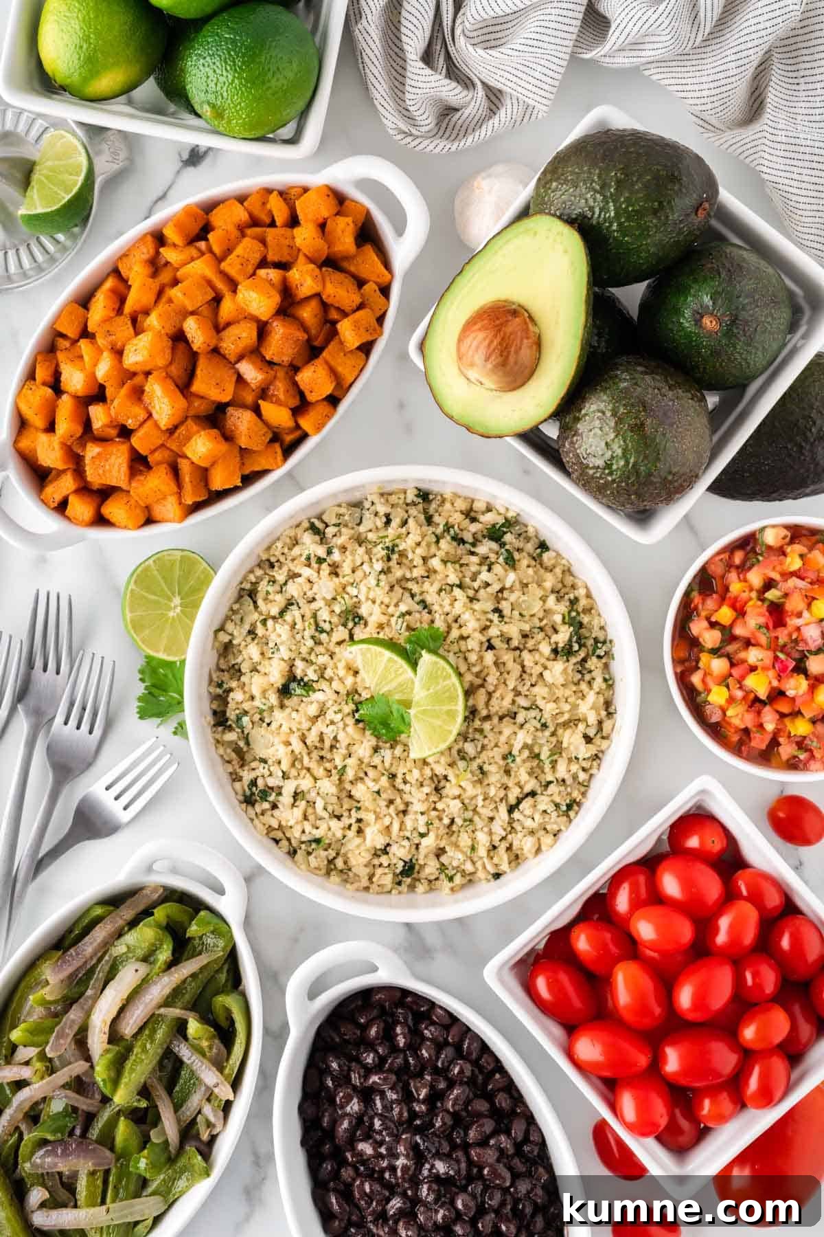 Cilantro Lime Cauliflower Rice Recipe — Zesty Low-Carb Side 3 cauliflower rice burrito bowl components in separate bowls