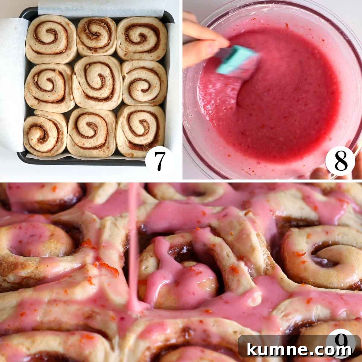 Pink Blood Orange Cinnamon Rolls with Zesty Glaze 5 Cinnamon rolls before baking, on a pan, pink glaze being mixed, pink glaze being poured over baked cinnamon rolls.