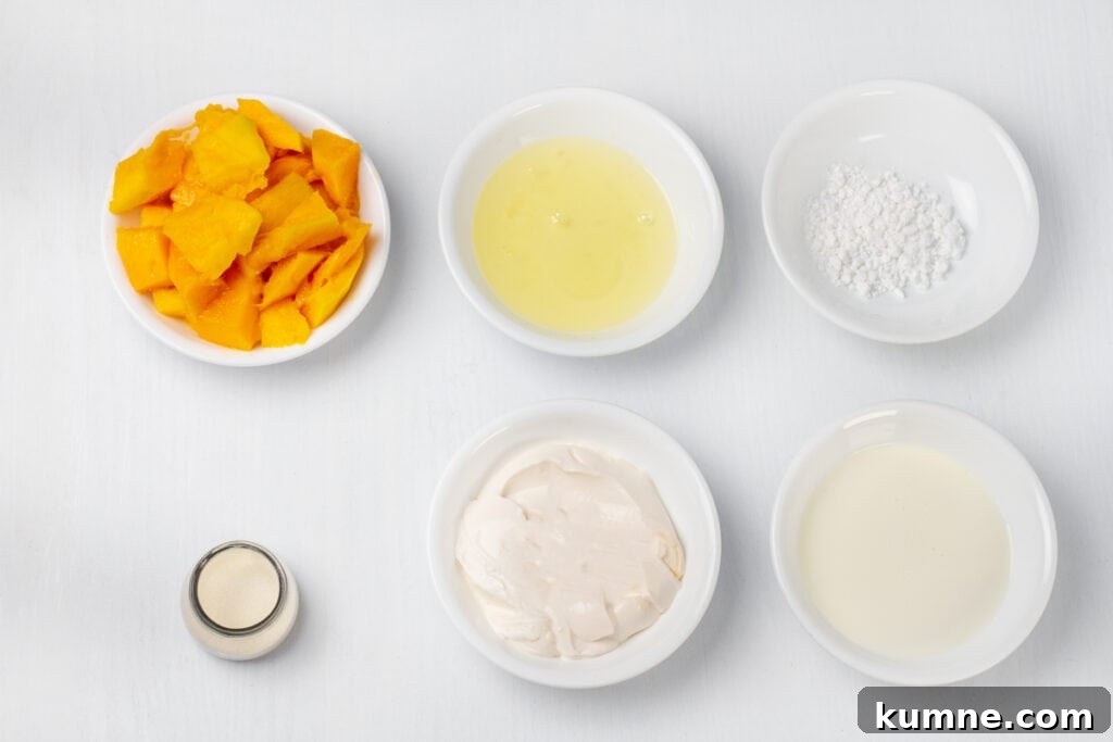 Creamy Mango Mousse Recipe: Light No-Bake Dessert in Minutes 2 Ingredients for Mango Mousse. Chopped mango, lemon juice, unflavored gelatin, evaporated milk, plant-based milk, stevia, 2 egg whites.