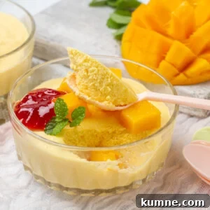 Creamy Mango Mousse Recipe: Light No-Bake Dessert in Minutes 6 Yellow mango mousse sitting in a clear bowl with a spoon.