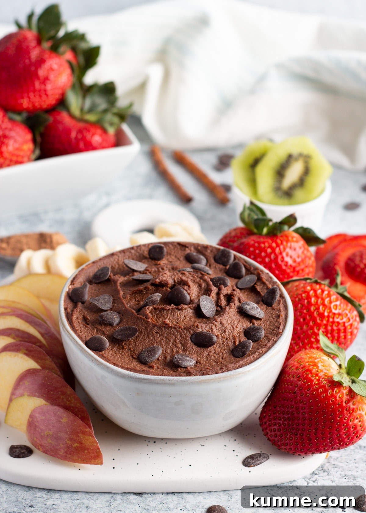 dark chocolate hummus picture in a bowl with fruits around including apple, strawberries, banana and kiwi.