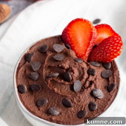 Picture of bowl with dark chocolate hummus in bowl with chocolate chips and strawberries.