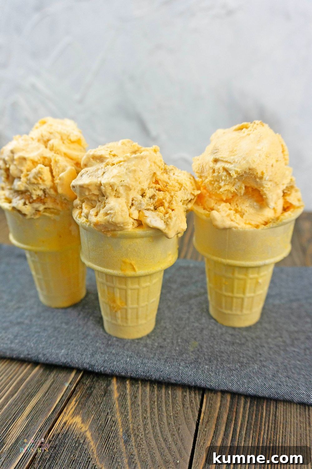 No-Churn Pumpkin Ice Cream with Gingersnap Cookies 5 Close up image of pumpkin gingersnap ice cream in ice cream cones