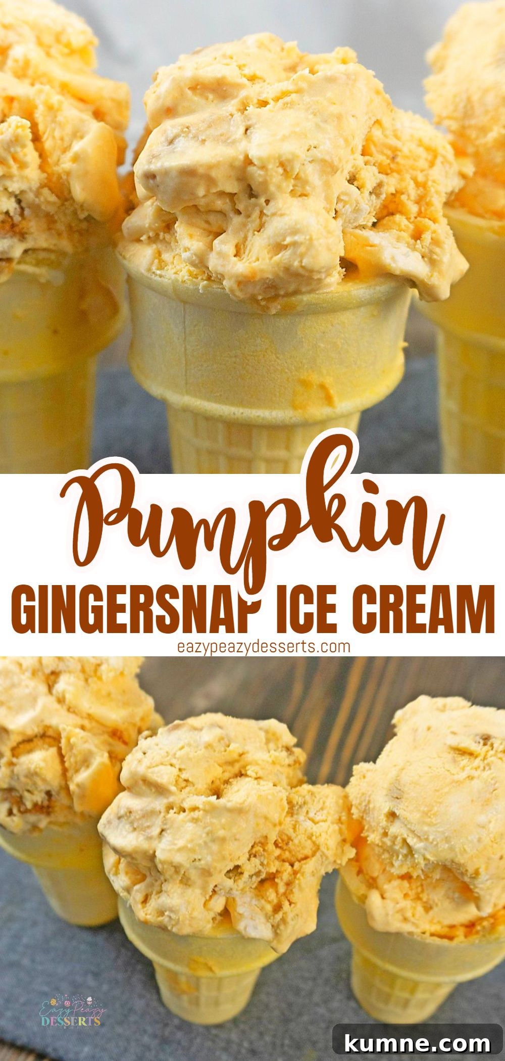 No-Churn Pumpkin Ice Cream with Gingersnap Cookies 6 Photo collage of pumpkin ice cream served in cones, displayed on a dark grey kitchen towel