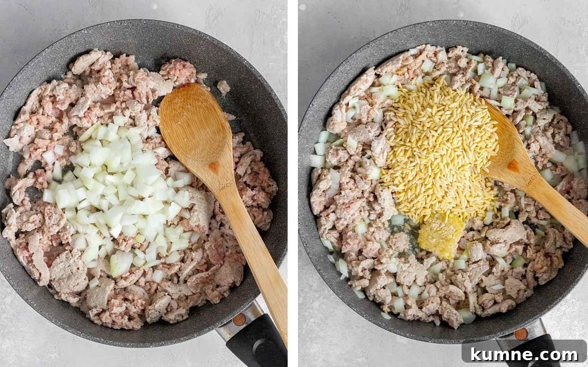 Set of two photos showing ground turkey, onions, garlic, and orzo cooked in a skillet.