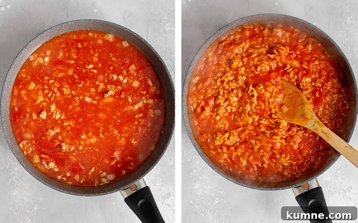 Set of two photos showing passata sauce added to the skillet of orzo and simmered.