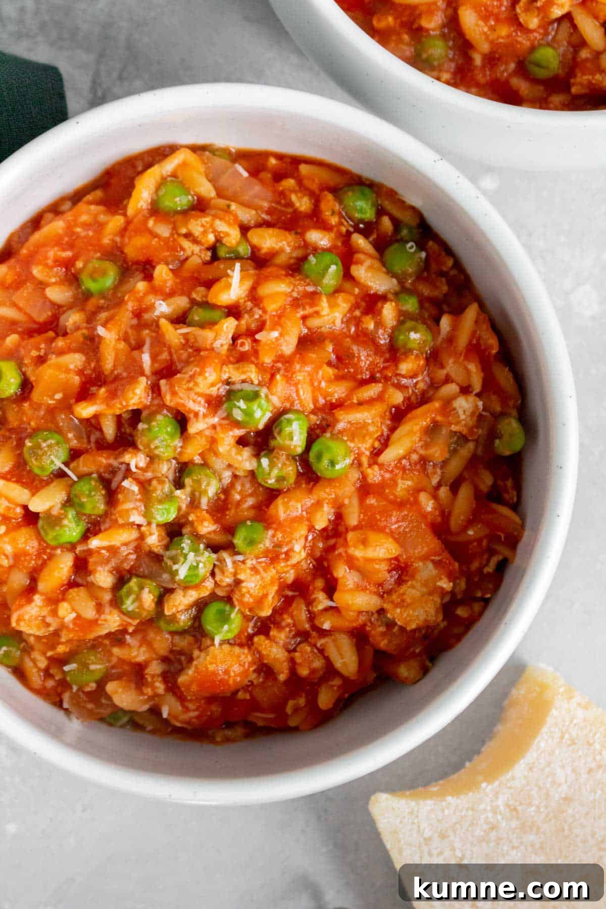 Close up of a bowl of one pot orzo with turkey and peas.