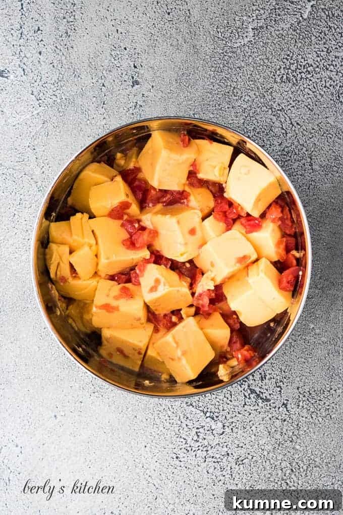 Creamy Instant Pot Cheese Dip Recipe You’ll Love 3 Cubed Velveeta, diced tomatoes and chiles in a metal bowl.
