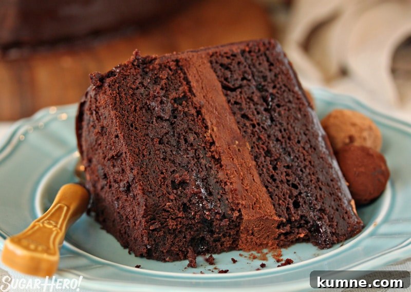 Truffle-Topped Heart Cake - A close up of a slice of cake with chocolate filling.