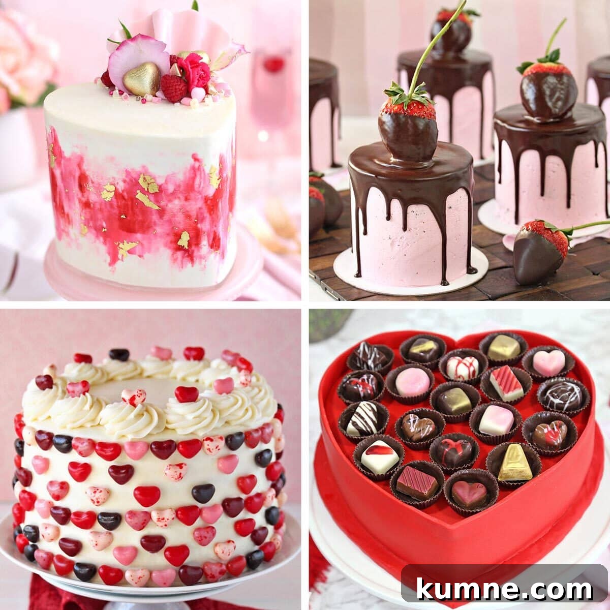 Collage of different Valentine's Day cakes.