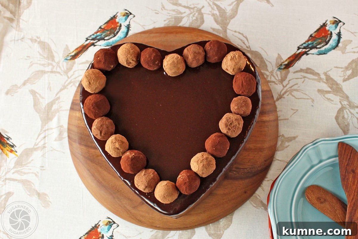 Truffle-Topped Heart Cake - Heart cake from the top view with the truffles lining the top.