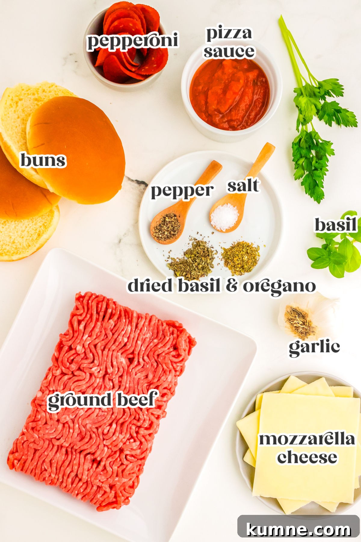 Pizza Burger Recipe: Juicy Cheeseburger with Pizza Flavor 4 The recipe ingredients with text overlay labeling each.