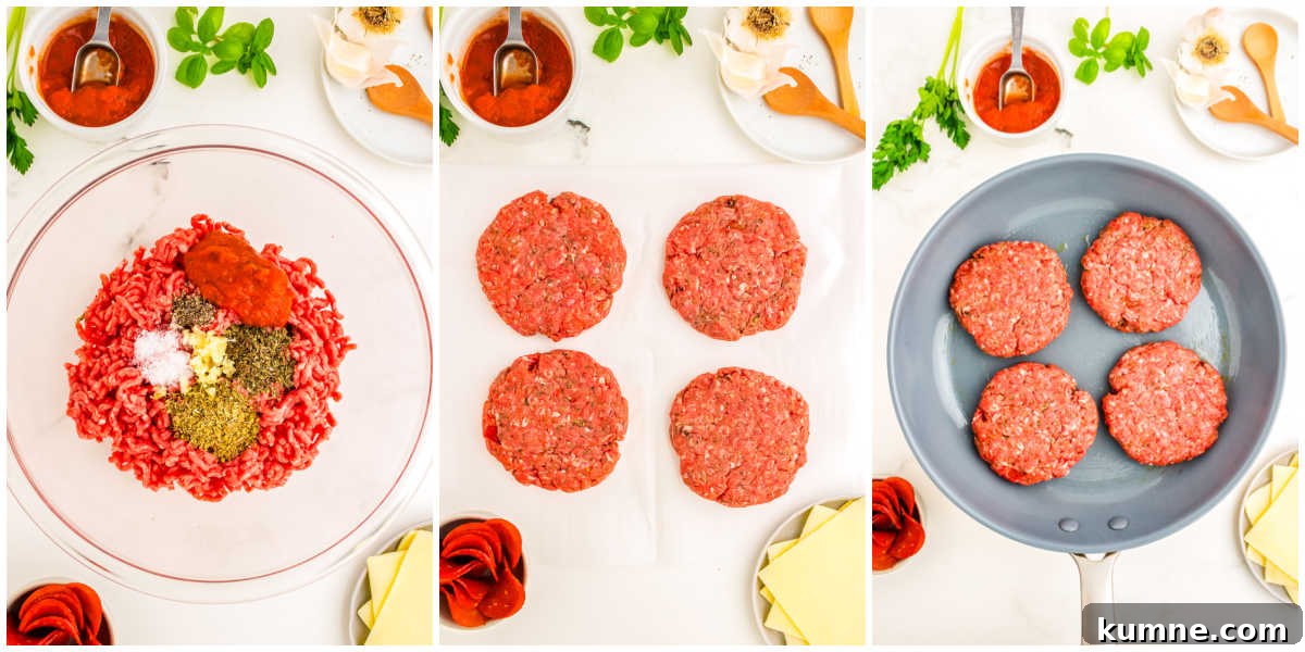 Pizza Burger Recipe: Juicy Cheeseburger with Pizza Flavor 5 The ground beef mixture mixed together and then divided into four patties.