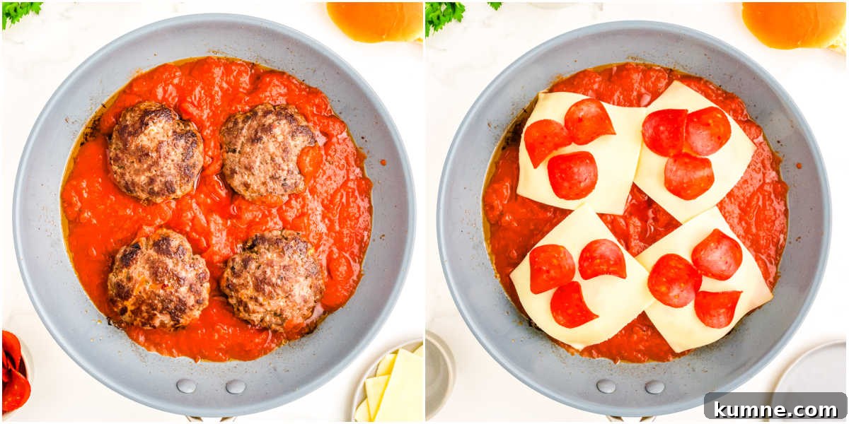 Pizza Burger Recipe: Juicy Cheeseburger with Pizza Flavor 6 The patties cooked in pizza sauce and topped with mozzarella and pepperoni.