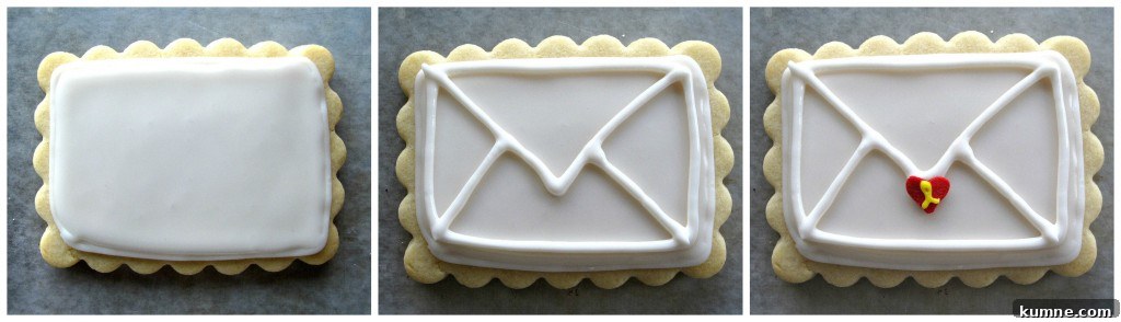 Valentine Sugar Cookies for Care Packages: Military Edition #9 7 Valentine Envelope Sugar Cookies step 1 flood surface with white icing, step 2 pipe on lines to look like the back of an envelope, step 3 add a red heart sprinkle on the tip of the envelope flap.