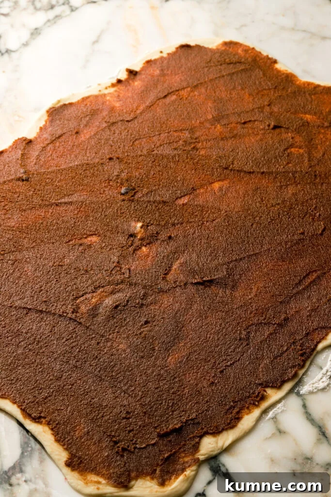 dough is rolled out into a large rectangle and filling is spread on top