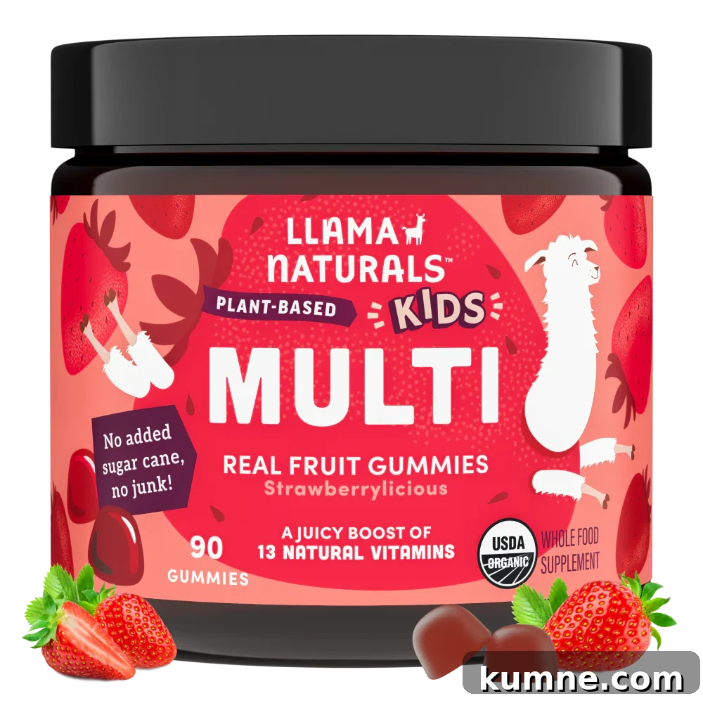 Organic Kids Vitamins: Top Picks Without Artificial Additives 4 a bottle of Llama Naturals Multi Real Fruit Gummies for Kids in Strawberrylicious flavor