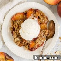 Whole Grain Low-Sugar Peach Crisp Recipe 16 Serving of peach crisp on a round plate topped with ice cream and a vintage spoon on the plate with sliced peaches on the sides of the plate.