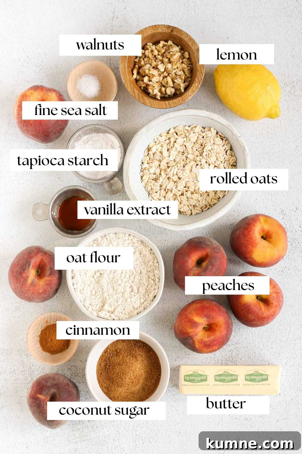 Whole Grain Low-Sugar Peach Crisp Recipe 3 Labeled ingredients for a healthy peach crisp.