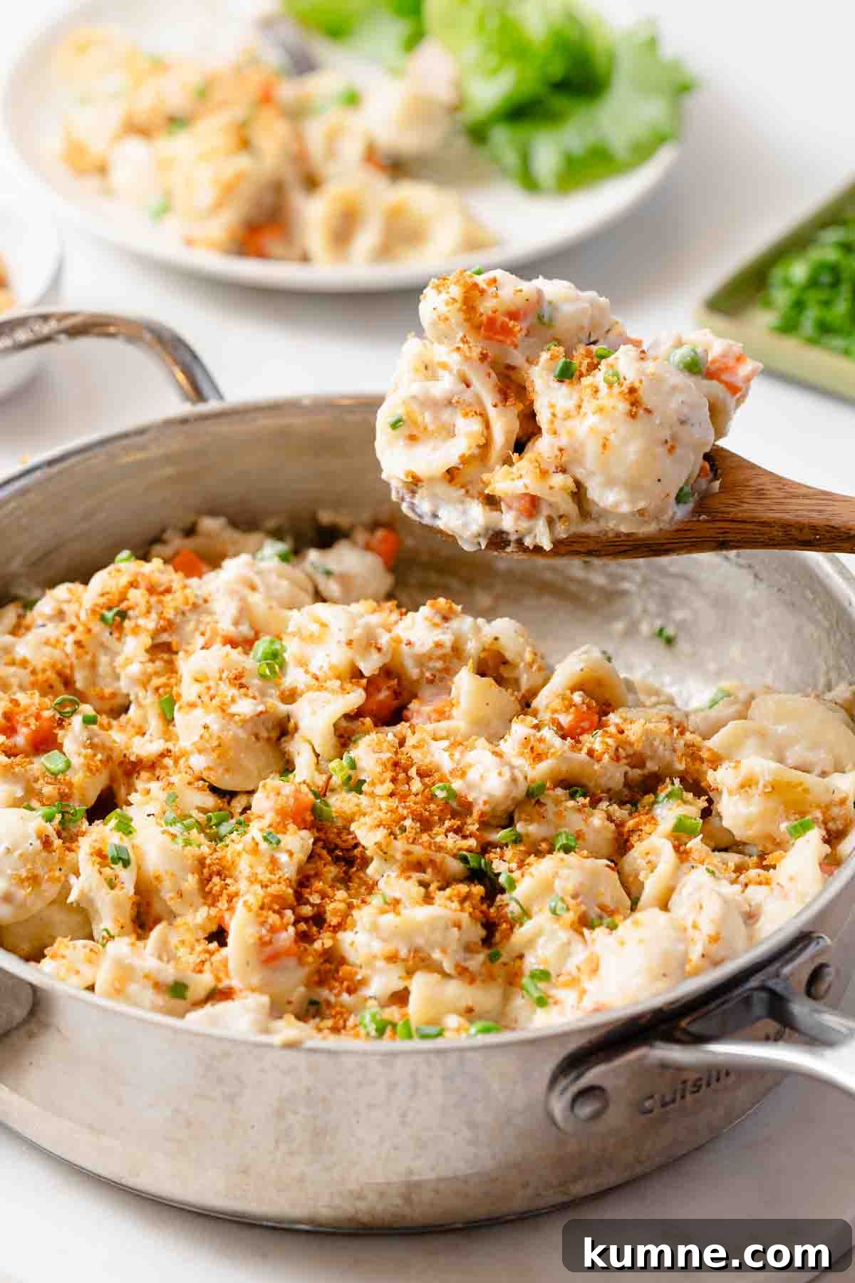 One-Pot Stovetop Tuna Casserole Recipe 2 skillet of tuna casserole with spoon scooping out serving.