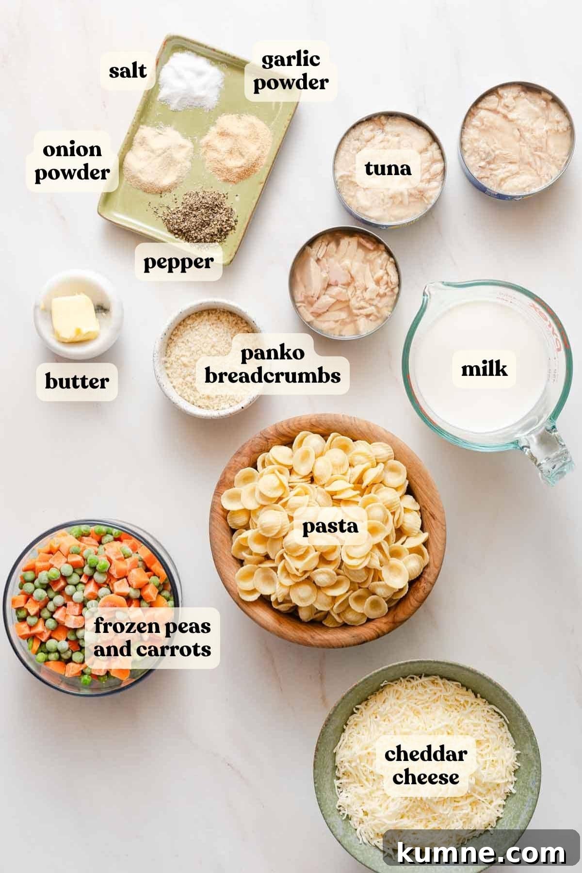 One-Pot Stovetop Tuna Casserole Recipe 3 ingredients for the tuna casserole recipe with text labels.