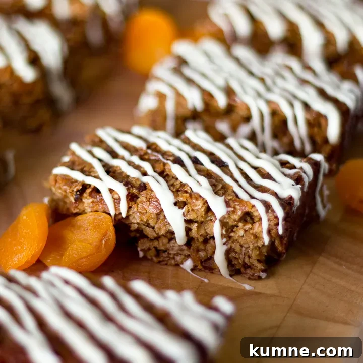 Apricot white chocolate flapjacks on a board
