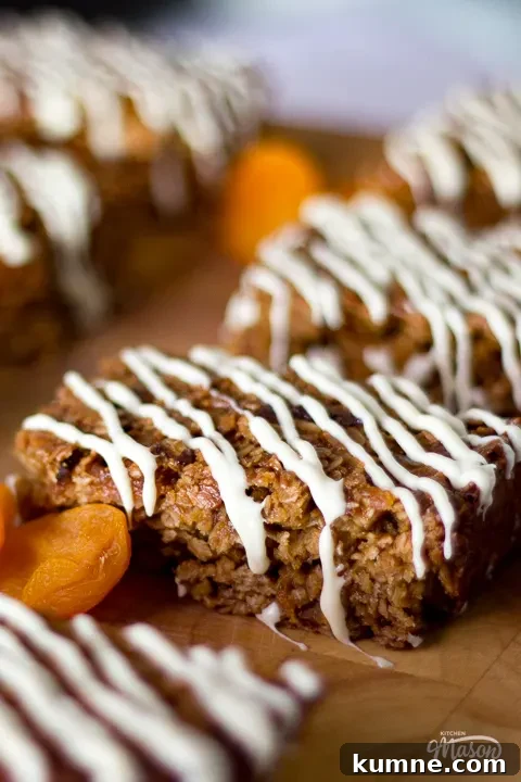 Chewy Apricot and White Chocolate Flapjack Recipe for Snacktime 5 Side view of a cut apricot and white chocolate flapjack
