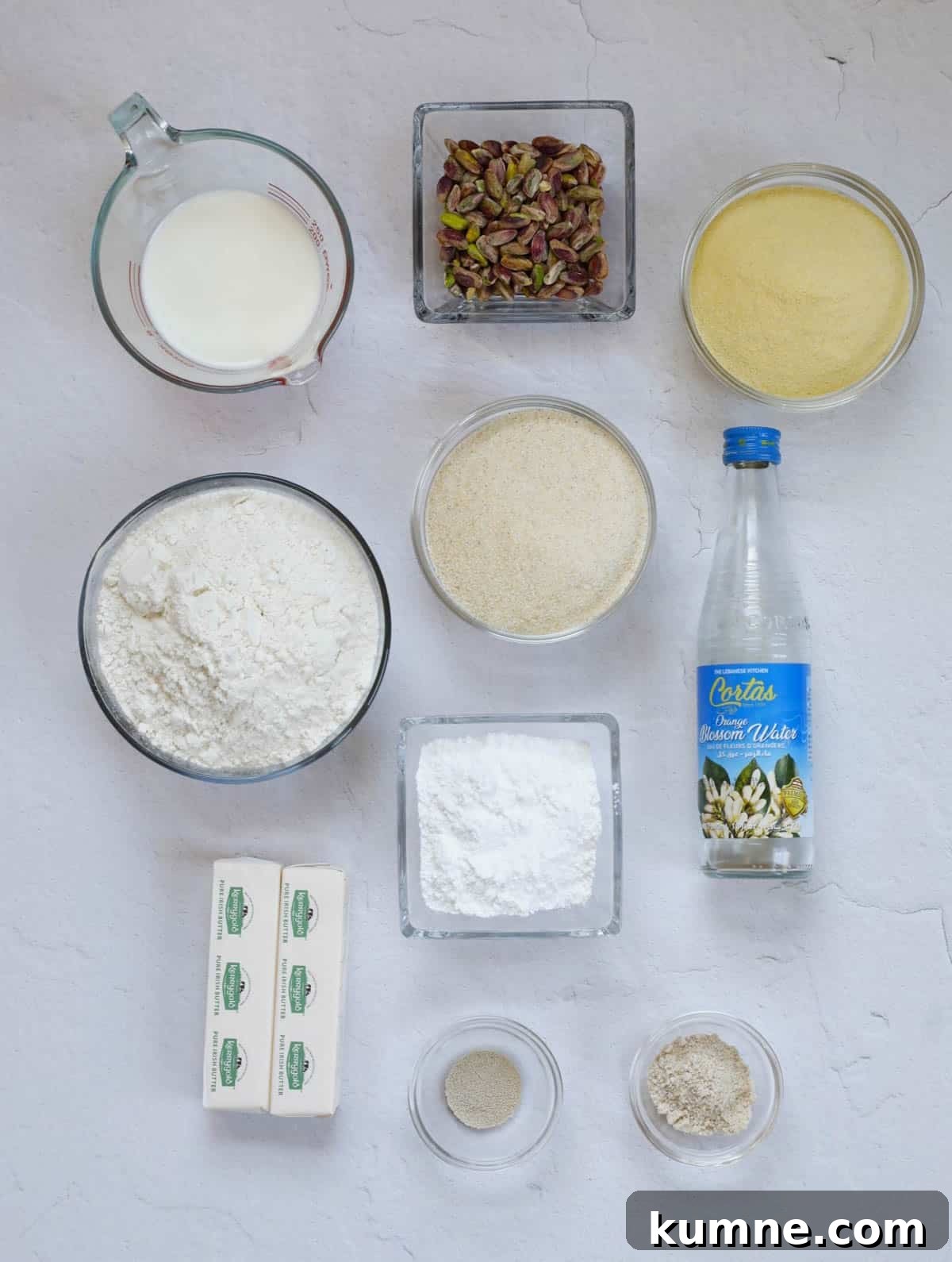Ingredients for pistachio maamoul cookies.