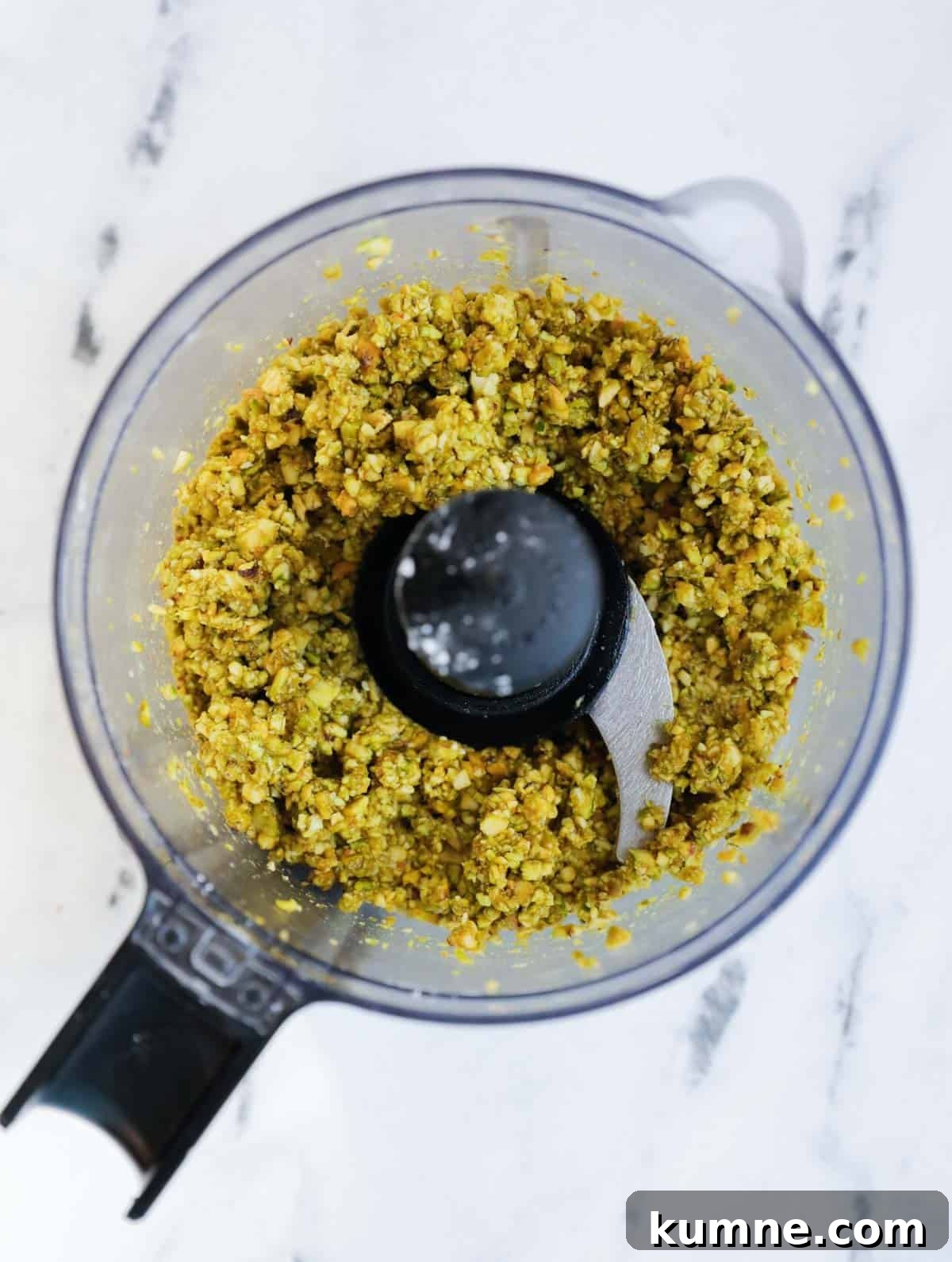 Pistachio maamoul filling after it was processed into a smoother texture.
