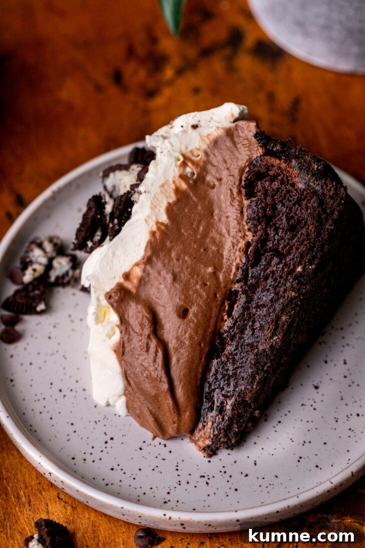 Decadent Mississippi Mud Pie Recipe — Classic Chocolate Dessert 9 Slice of pie on its side on a plate.
