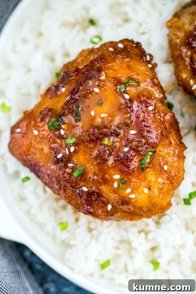 Brown Sugar Garlic Chicken in the Instant Pot — Quick Weeknight Recipe 3 Picture of brown sugar garlic chicken thighs over white rice.