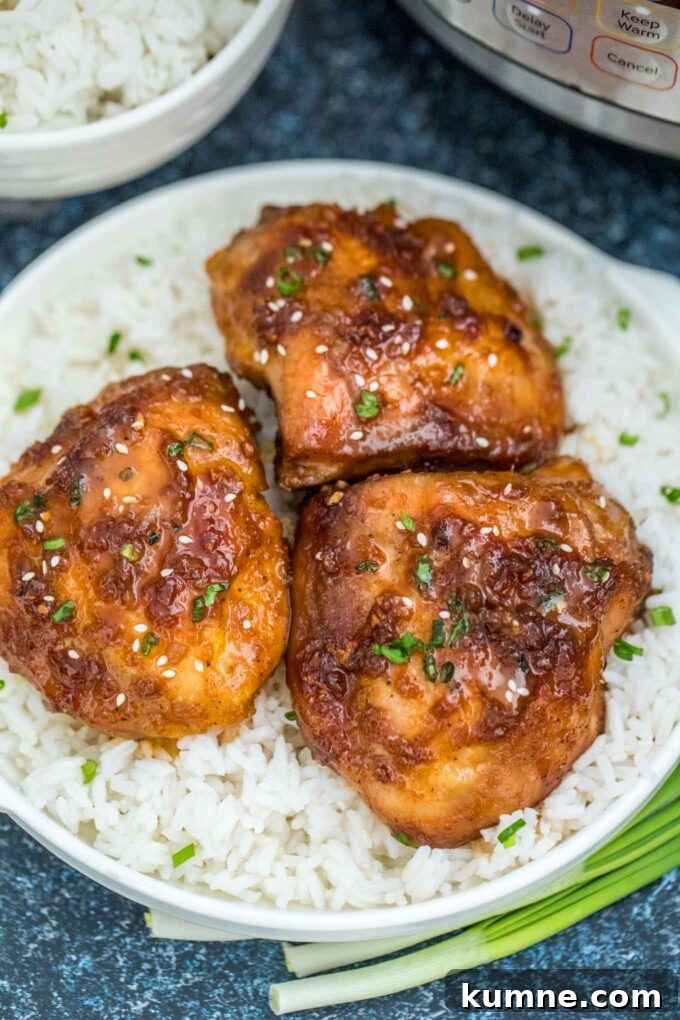 Brown Sugar Garlic Chicken in the Instant Pot — Quick Weeknight Recipe 4 Picture of pressure cooker brown sugar garlic chicken thighs.