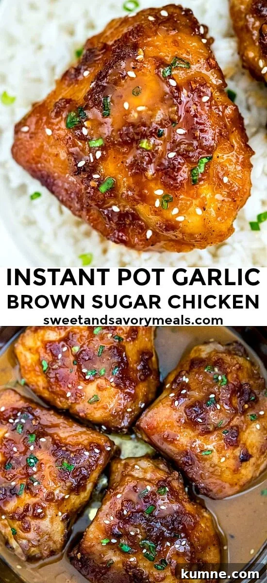 Brown Sugar Garlic Chicken in the Instant Pot — Quick Weeknight Recipe 6 Image of instant pot brown sugar garlic chicken with sesame seeds.