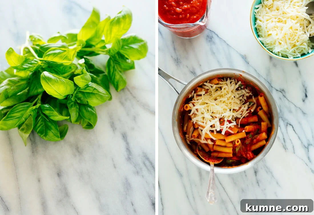 Roasted Vegetable Baked Ziti Recipe: Cheesy, Oven-Baked Pasta 5 basil and cooked pasta with marinara