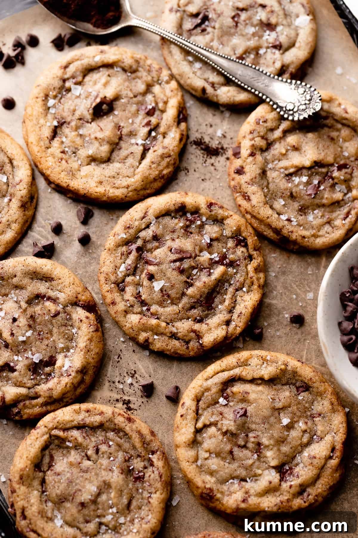 Espresso Chocolate Chip Cookies Recipe — Rich Coffee Cookie Delight 2 espresso chocolate chip cookies topped with flaky sea salt.