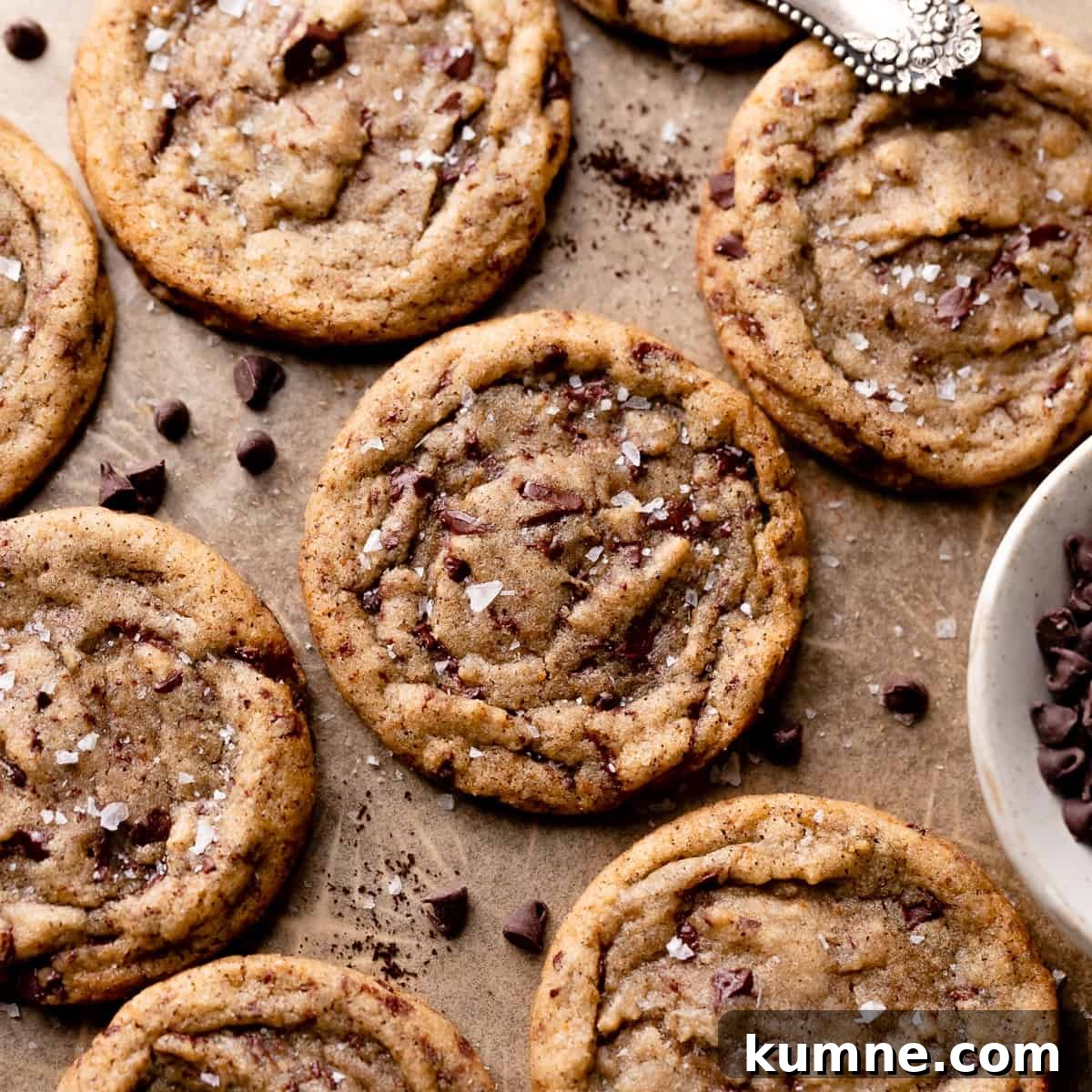 Espresso Chocolate Chip Cookies Recipe — Rich Coffee Cookie Delight 7 espresso chocolate chip cookies sprinkled with flaky sea salt.