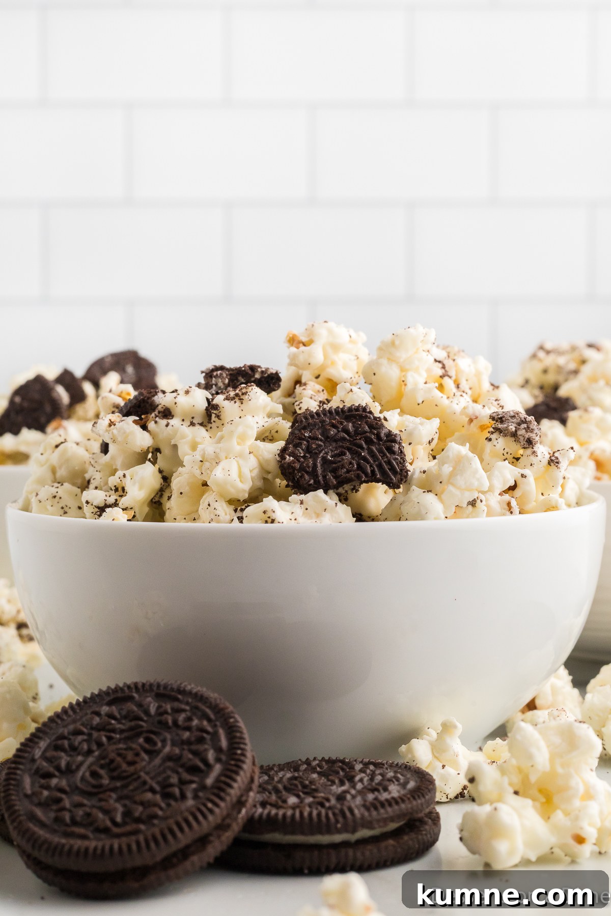 Oreo popcorn in a bowl.