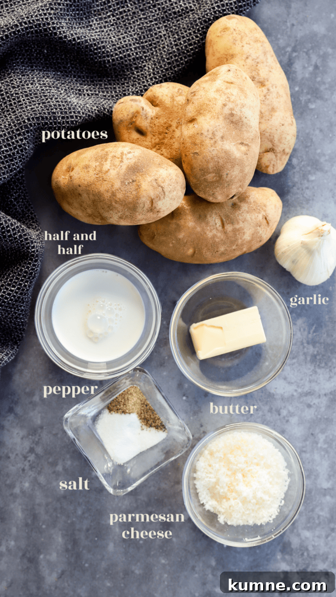 Roasted Garlic Parmesan Mashed Potatoes in the Instant Pot 4 instant pot mashed potatoes ingredients in bowls with text labels