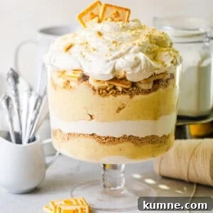 Homemade Banana Pudding Recipe: Classic from Scratch 15 banana pudding from scratch in a trifle bowl topped with chessman cookies and fresh bananas.