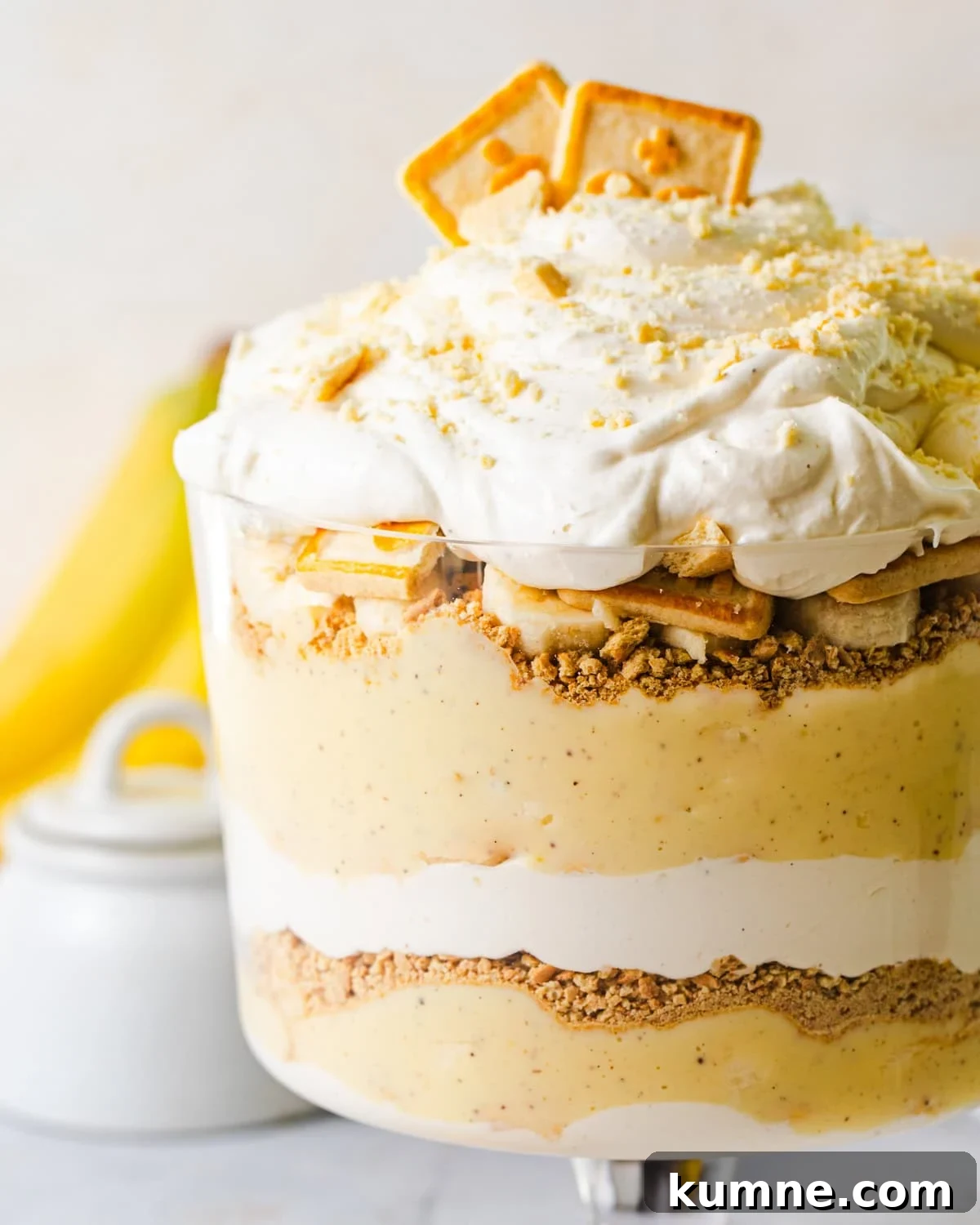 Homemade Banana Pudding Recipe: Classic from Scratch 10 up close photo of banana pudding in a bowl topped with banana whipped cream.
