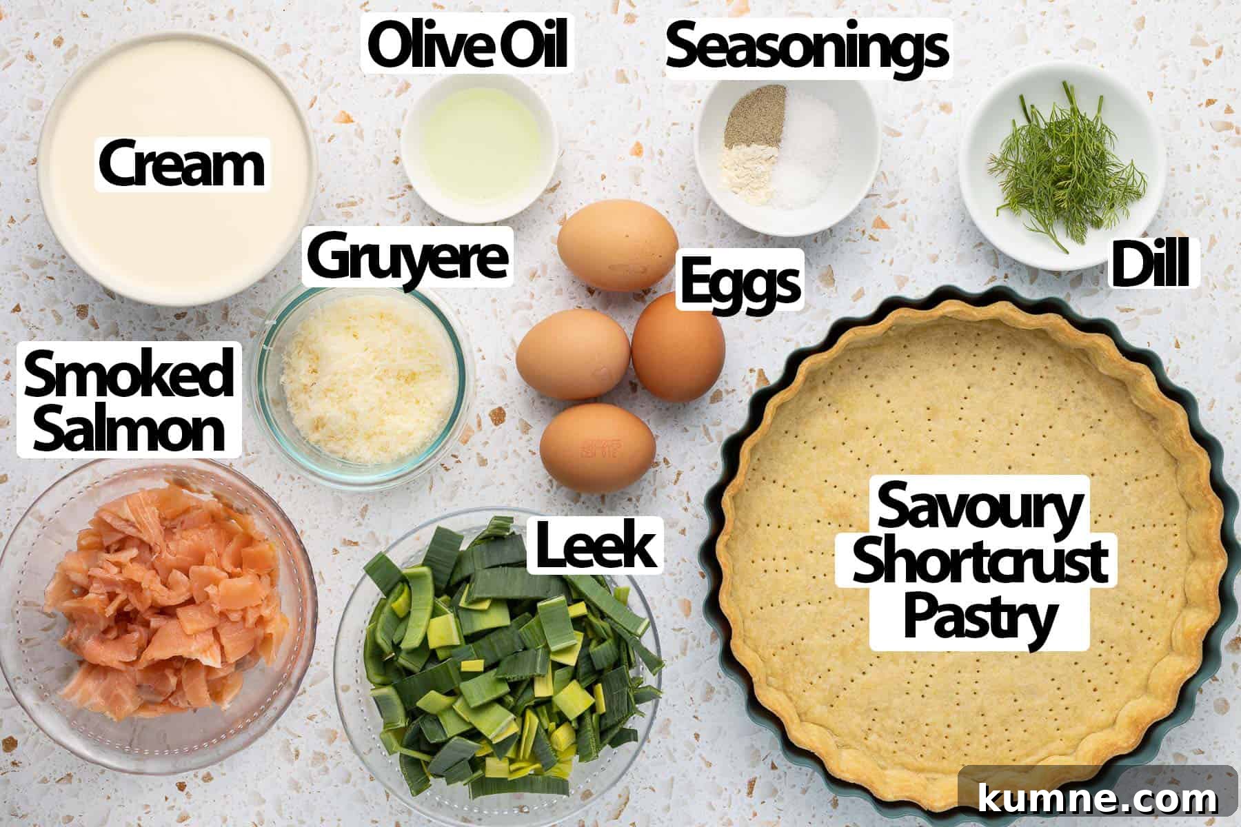Smoked Salmon and Dill Quiche Recipe for Brunch 3 Ingredients on a white and orange surface.