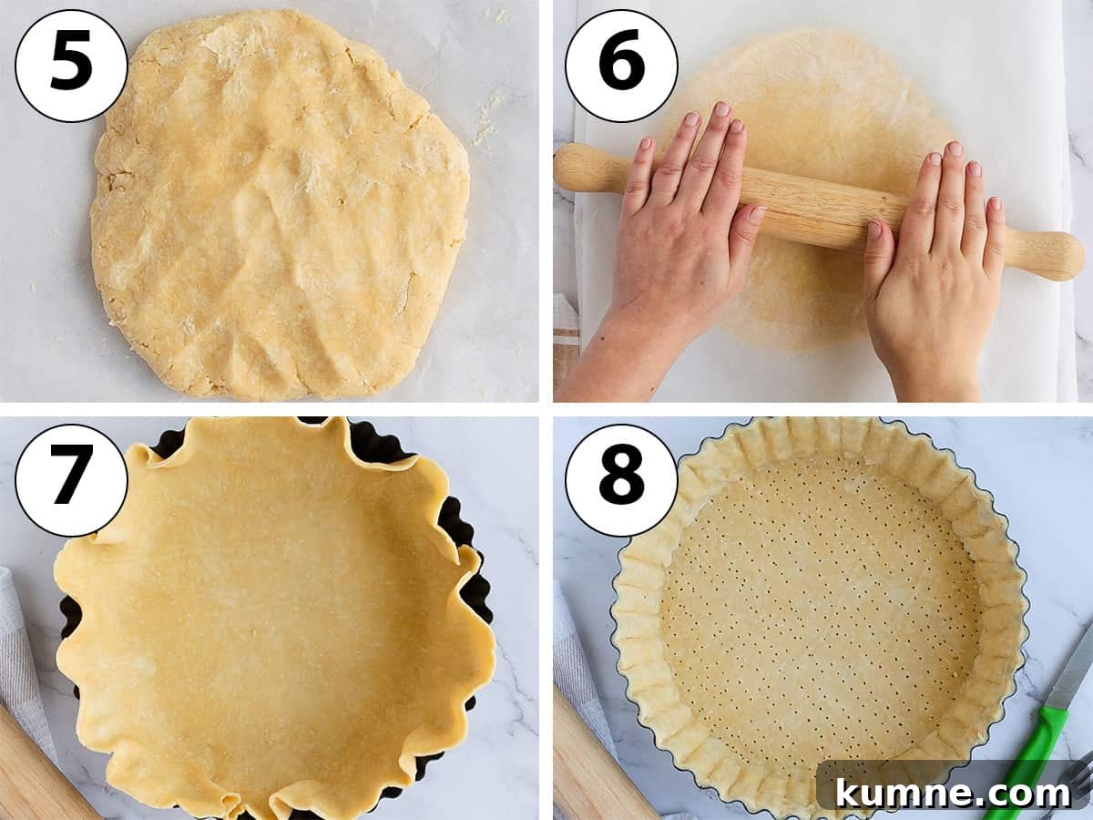 Smoked Salmon and Dill Quiche Recipe for Brunch 5 Process Shot Collage: rolling the quiche pastry and lining it in the tart pan.
