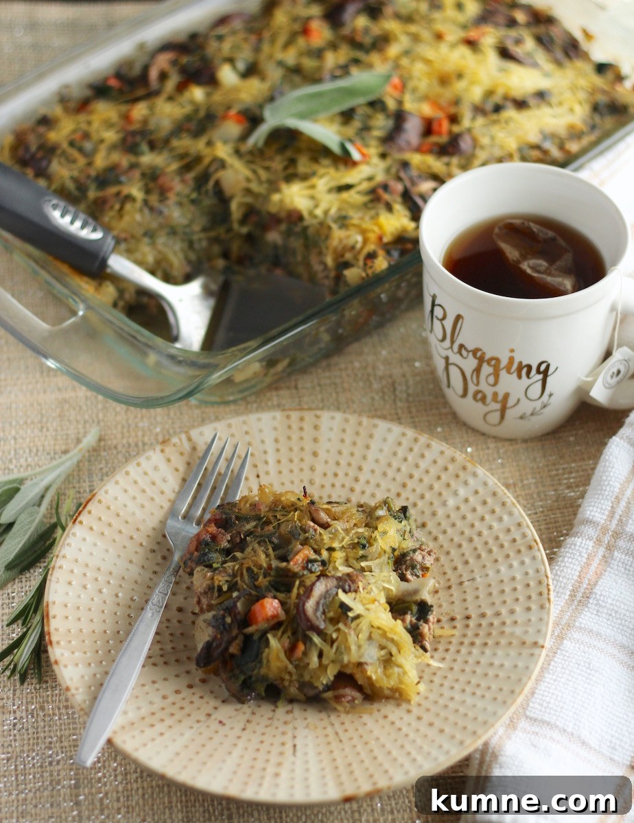 Egg-Free Breakfast Casserole (AIP, Paleo) - This easy, flavorful breakfast casserole is made egg-free thanks to healthy spaghetti squash and plenty of veggies, meat, and bone broth! | fedandfulfilled.com