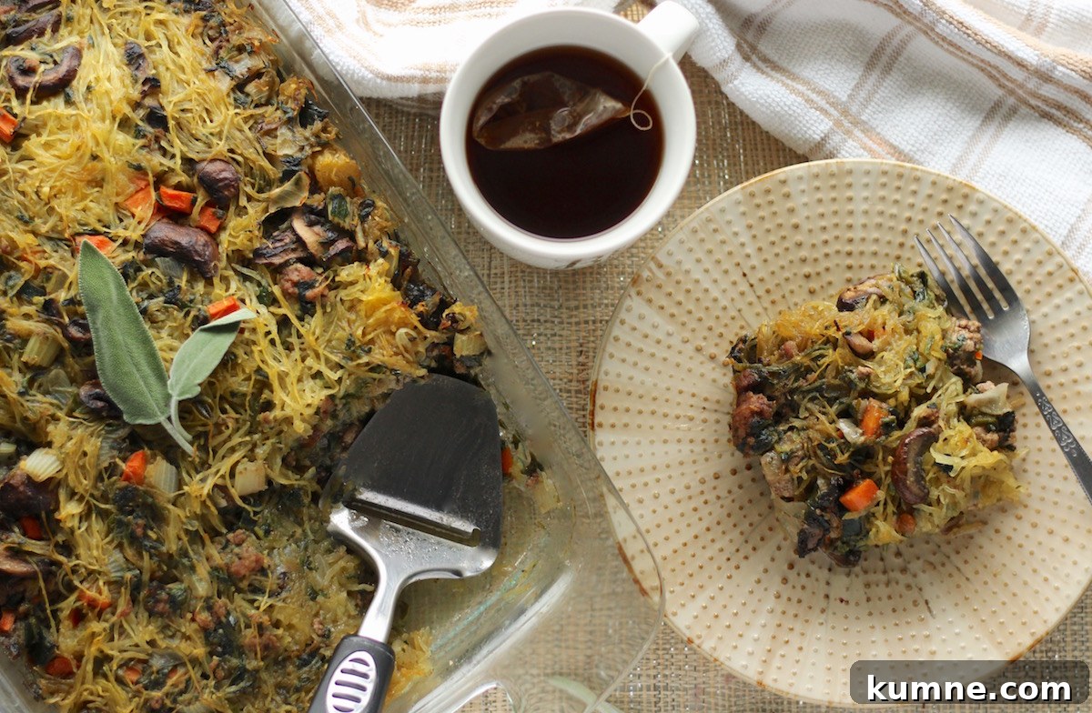 Egg-Free Breakfast Casserole (AIP, Paleo) - a savory breakfast casserole featuring spaghetti squash, ground pork, and loads of veggies! You won't even miss the eggs! | fedandfulfilled.com
