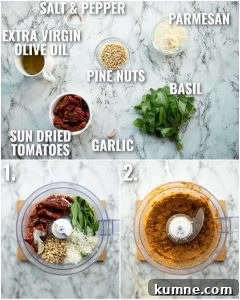 how to make sun dried tomato pesto with labels 3 step by step photos showing how to make sun dried tomato pesto with labels