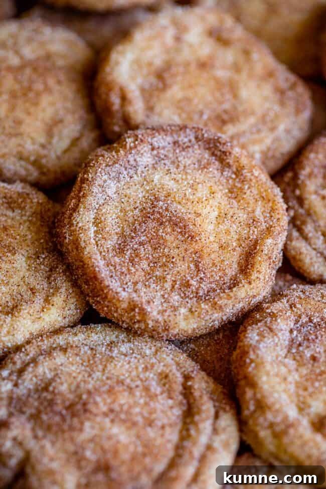 snickerdoodles stacked up on a pan.