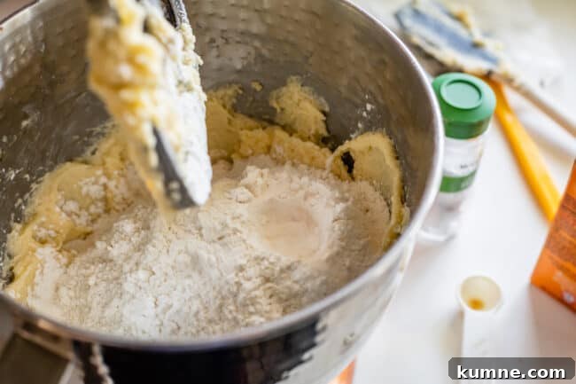 dry ingredients being added to cookie dough in a stand mixer.