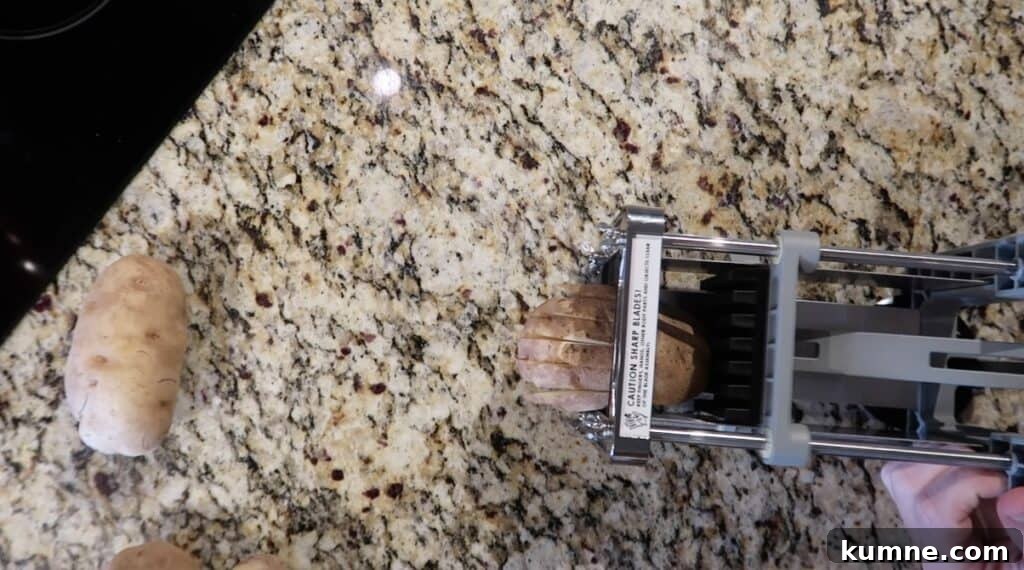 Potato slightly sliced through French fry cutter